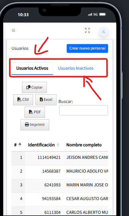 Vista de usuarios